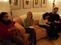 Couch, art, guests, food
